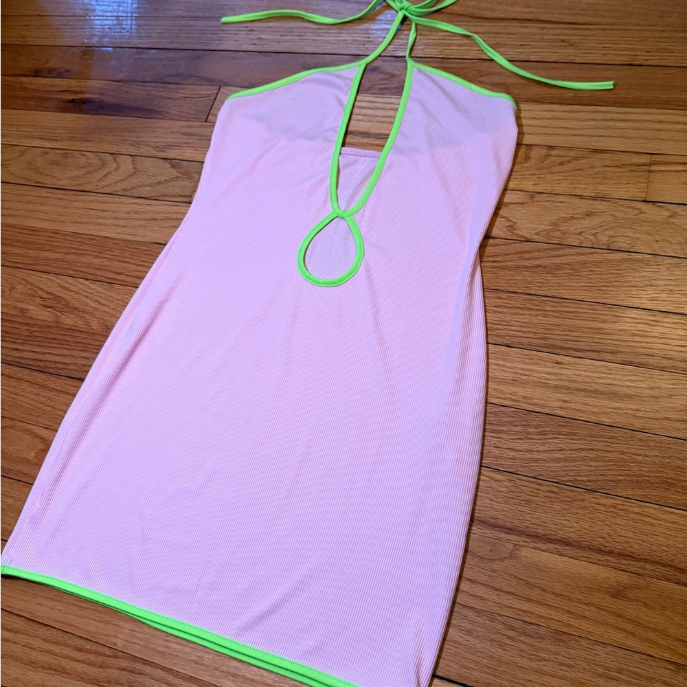 Y2K inspired Baby pink mini dress with neon trim 💖✨